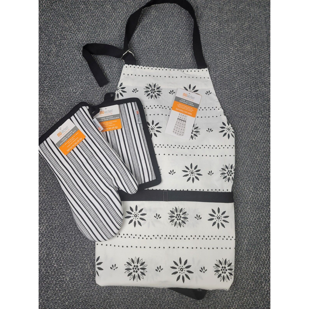 Bib Apron Potholder & Tea Towel MU Kitchen Cotton Park-Onyx Black White Gift Set